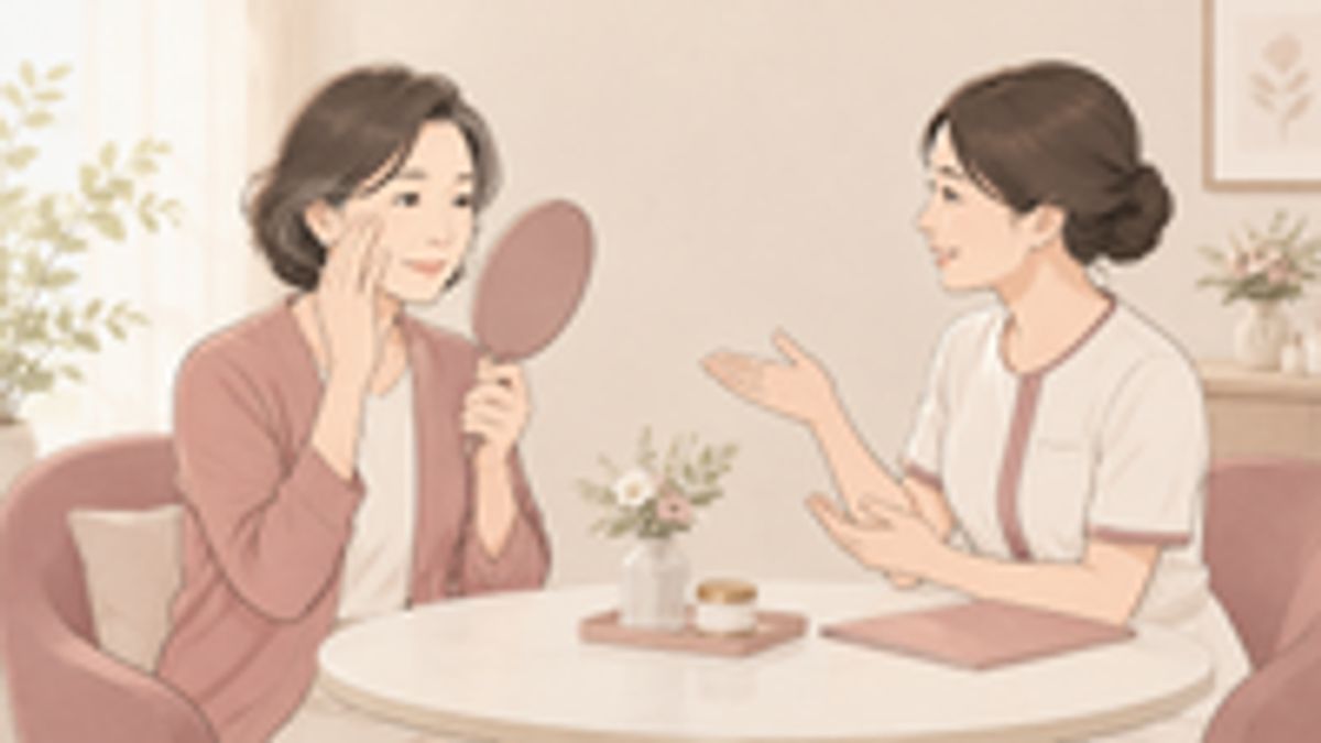 カウンセリングで鏡を見ながら目の周りの変化を話している画像