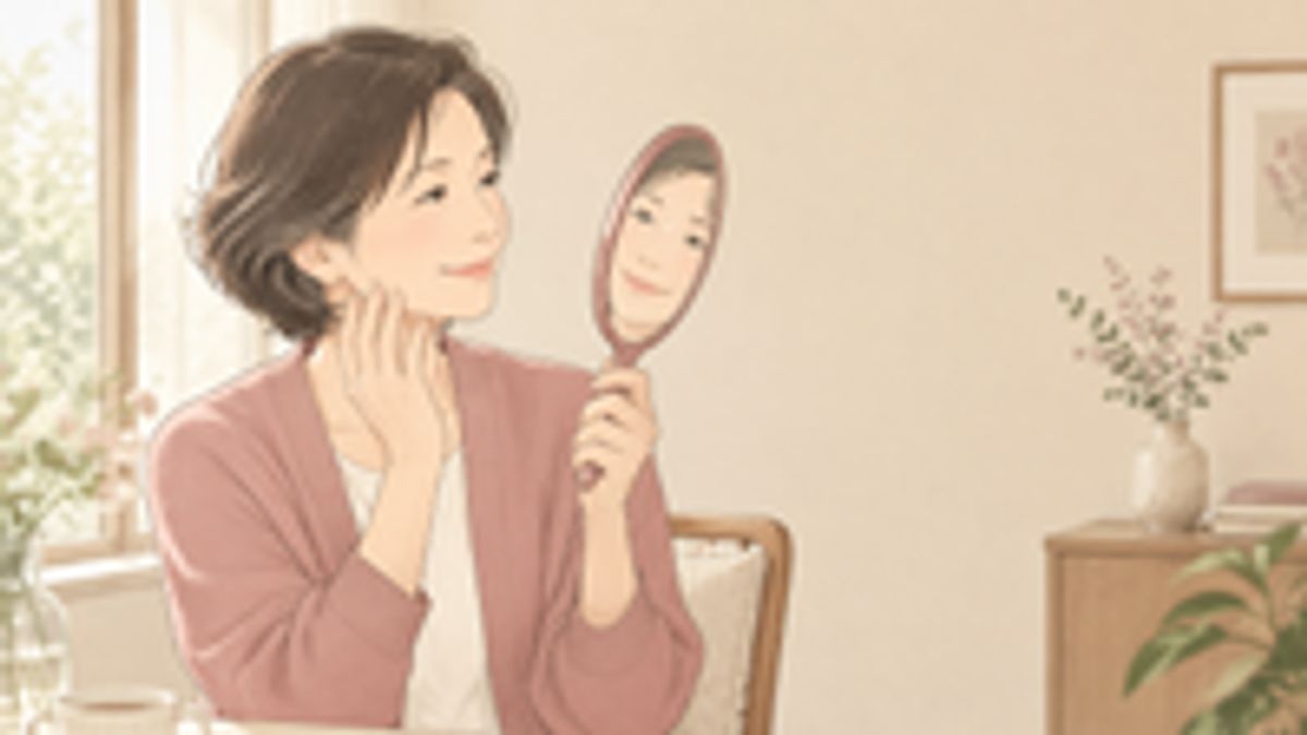 施術を終えて鏡で経過を確かめ、ほっとした表情を見せている画像