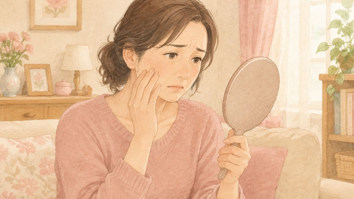 鏡を見て心配そうな表情をしている女性のイラスト画像