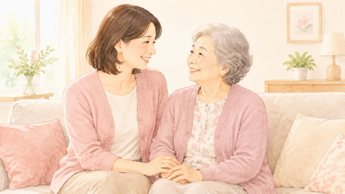 娘とお母様が笑顔で会話している様子のイラスト画像