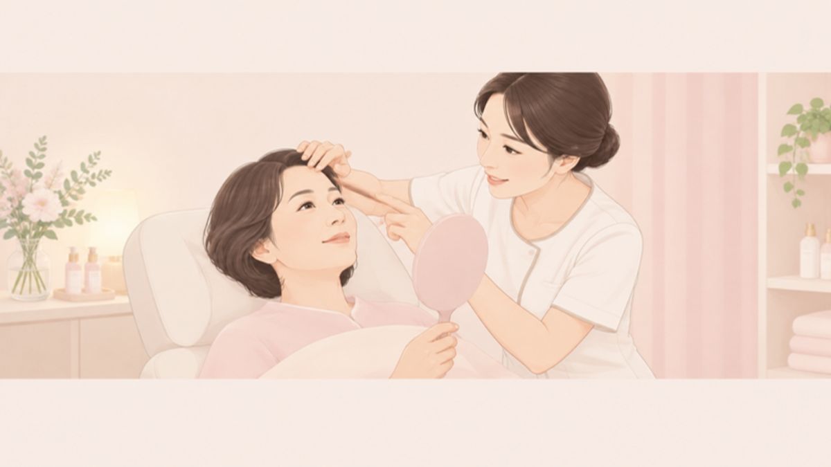 まぶたが開けづらいことによるおでこのシワの原因について、カウンセリングで額に触れながら説明を受けている画像