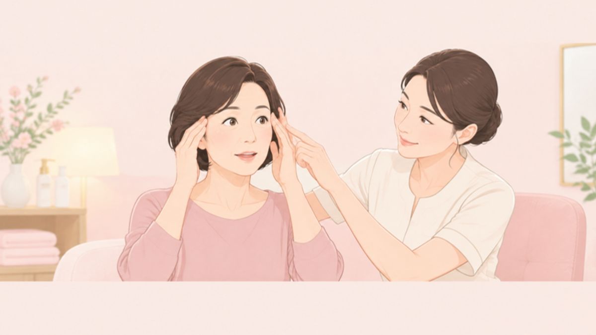 頭の側頭筋に自分で触れて左右の硬さの違いを確認しながらカウンセリングを受けている画像