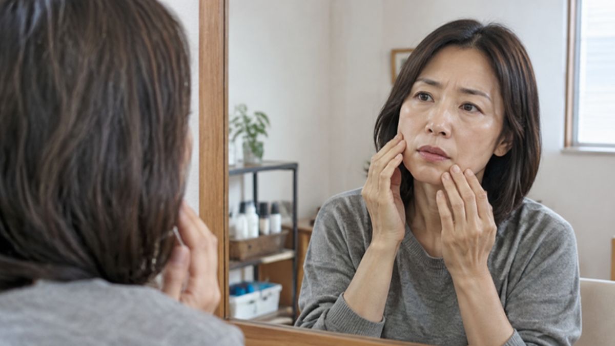 鏡の前で口元・頬のあたりに指先で触れて確かめている画像
